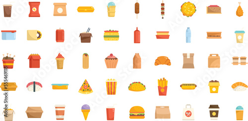 Takeaway food icons set flat vector. Coffee box. Cafe food isolated