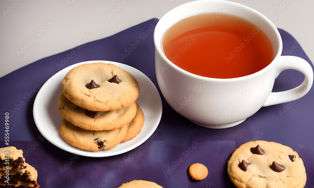 Cup of hot tea with chocolate chip cookies and space for text