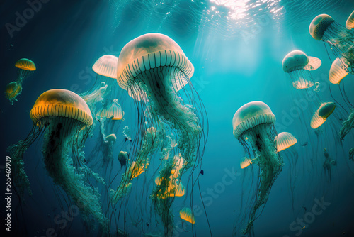 A school of Pacific Sea Nettle jellyfish floating in turquoise water. Generative AI