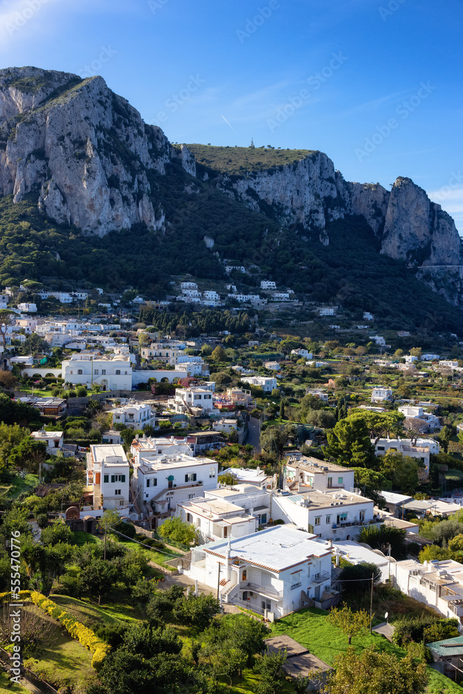 Touristic Town on Capri Island in Bay of Naples, Italy. Sunny Blue Sky.