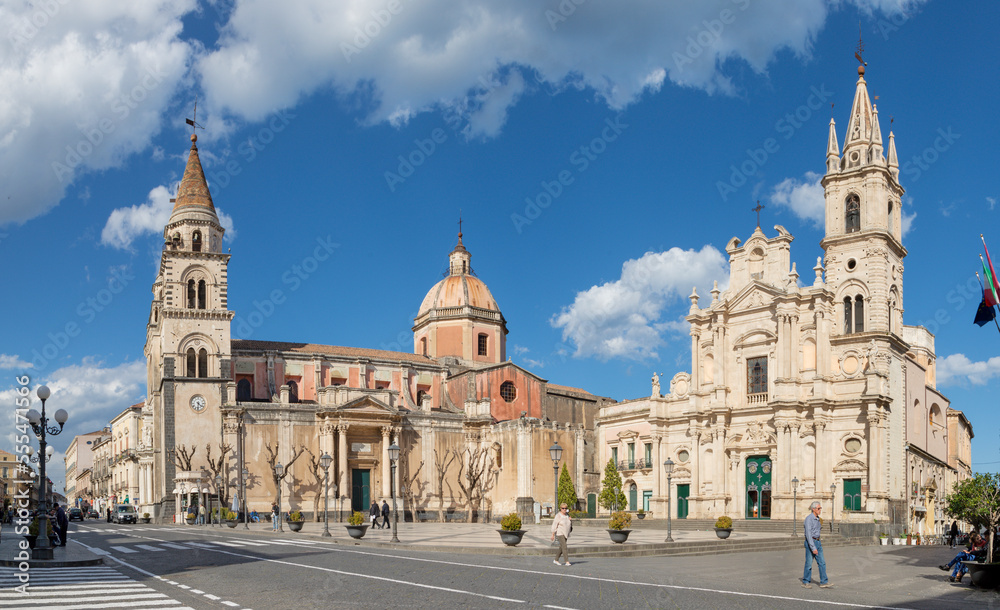 ACIREALE, ITALY - APRIL 11, 2018: The Duomo (Maria Santissima Annunziata) and the church Basilica dei Santi Pietro e Paolo.