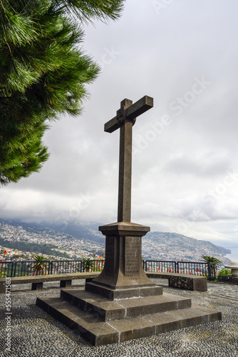 Cross on a viewpoint, Pico dos Barcelos, above Funchal, Madeira; Funchal, Madeira, Portugal photo