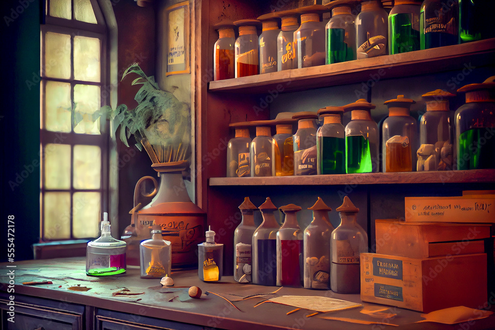 Medieval pharmacy store. Alchemical workplace with many bottles. Generative ai illustration