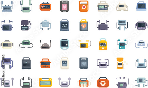 Defibrillator icons set flat vector. Aid ambulance. Automated electric isolated