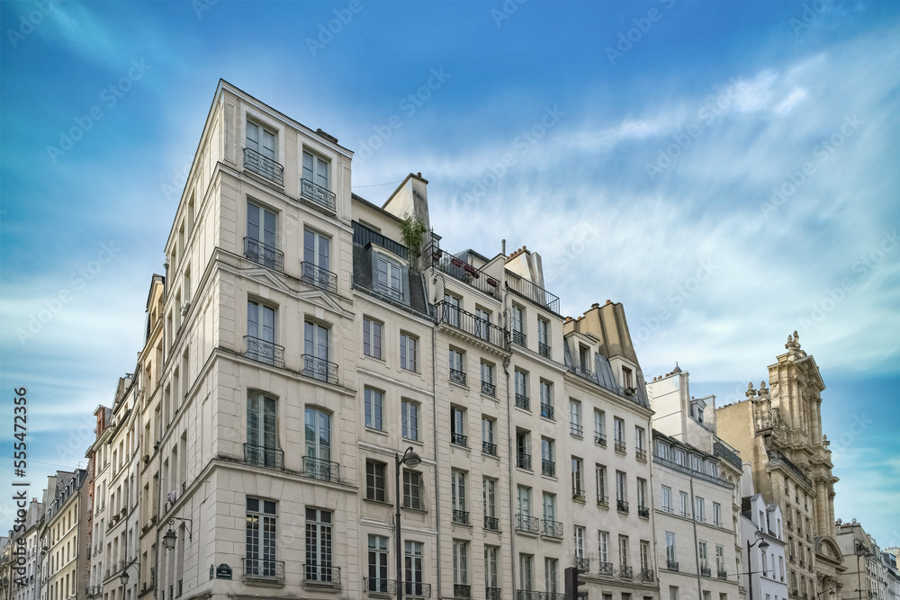 Paris, beautiful buildings in the Marais, rue Saint-Antoine in the 4th arrondissement
