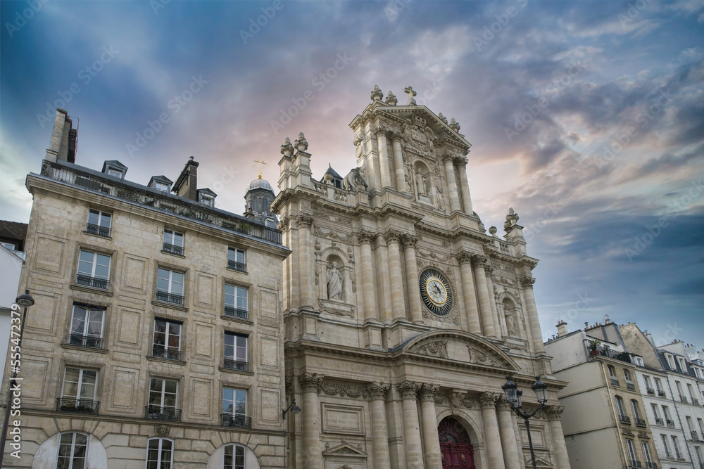 Paris, the Saint-Paul church in the Marais, rue Saint-Antoine, with ancient buildings
