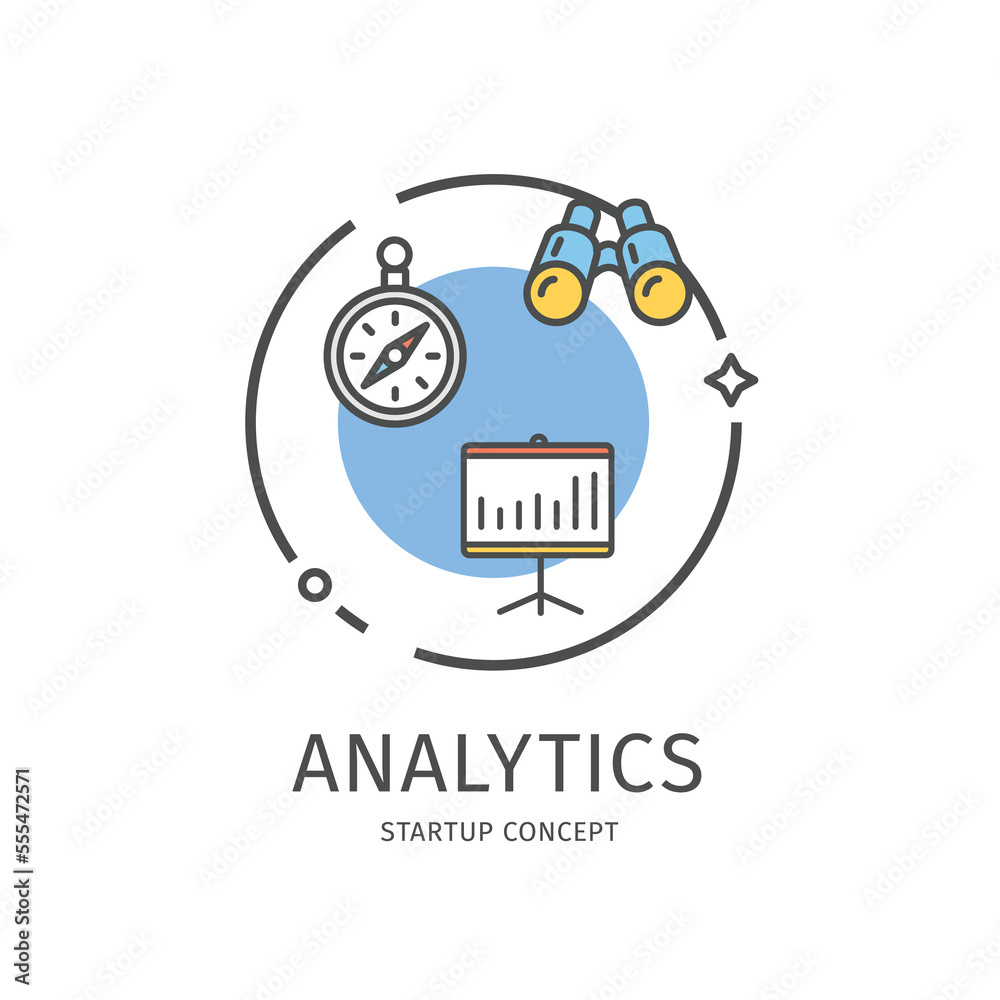 Startup Thin Line Icon Analytics Concept Include of Compass and Binoculars. Vector illustration of Start Up Startup Thin Line Icon Analytics Concept Include of Compass and Binoculars. Vector illustration of Start Up