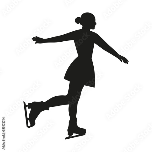 Figure skating, woman in motion on ice black silhouette, isolated on white background, vector illustration.