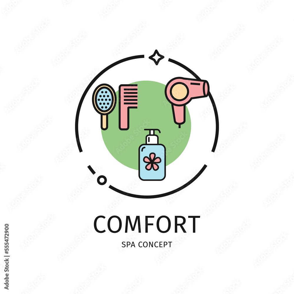 Spa Thin Line Icon Comfort Concept Include of Hairdryer and Hairbrush. Vector illustration of Beauty Care