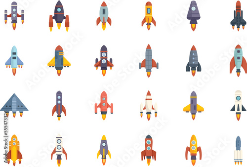 Spacecraft launch icons set flat vector. Rocket ship. Cosmos future isolated