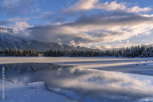 Winter afternoon at Mendenhall Lake; Juneau, Alaska, United States of America photo