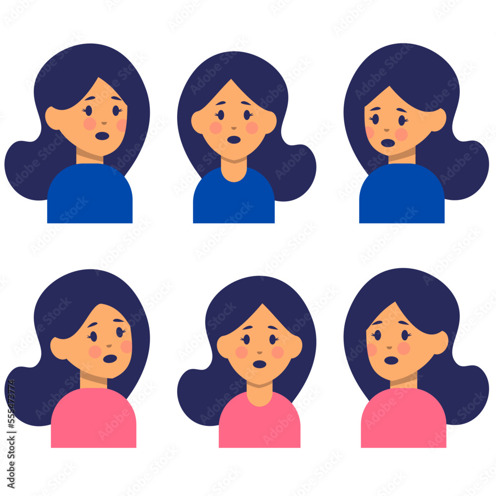Women in flat style vector illustration. Long hair purple lips. Emotions vector girl Women in flat style vector illustration. Long hair purple lips. Emotions vector girl