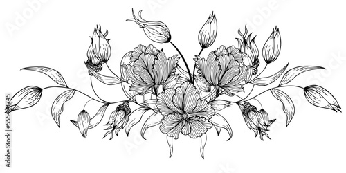 Floral composition, floral background with tender flowers and branches of buds. Hand drawing. For stylized decor, invitations, postcards, posters, cards, backgrounds, as clipart or coloring page. 