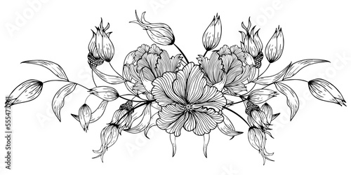 Floral composition, floral background with tender flowers and branches of buds. Hand drawing. For stylized decor, invitations, postcards, posters, cards, backgrounds, as clipart or coloring page. 