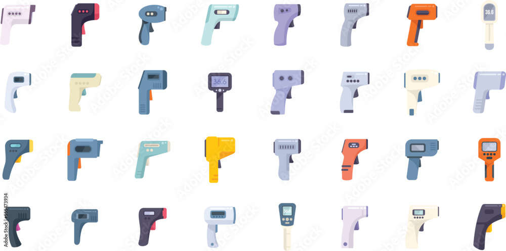 Laser thermometer icons set flat vector. Heat device. Celsius corona isolated Laser thermometer icons set flat vector. Heat device. Celsius corona isolated