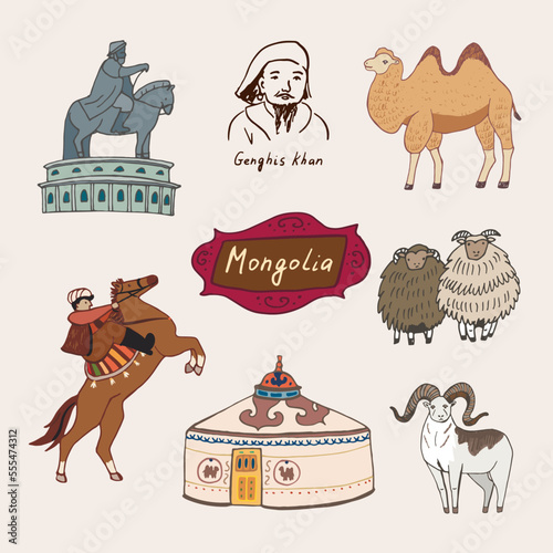 Mongolia travel landmark vector illustrations set.