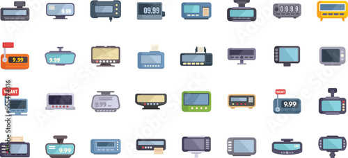 Taximeter icons set flat vector. Auto trip. Taxi button isolated
