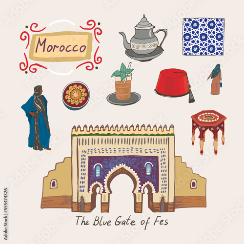 Morocco travel landmark vector illustrations set.