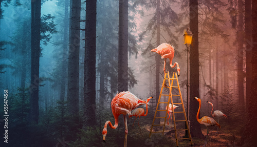 A surreal composite image of flamingoes in a forest with a ladder and lamp post
