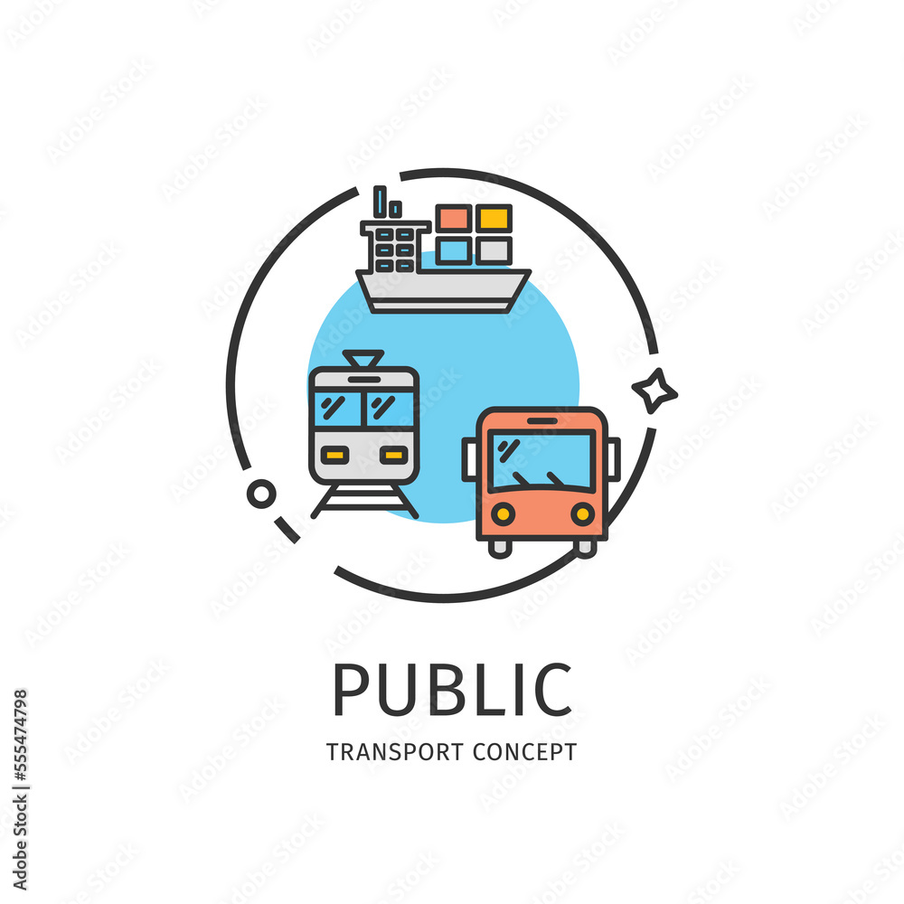 Transport Public Thin Line Icon Concept Include of Bus, Tram and Ship. Vector illustration of Urban Transportation