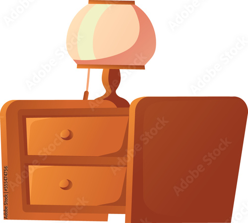 Bedside table with lamp. Cartoon wooden nightstand icon
