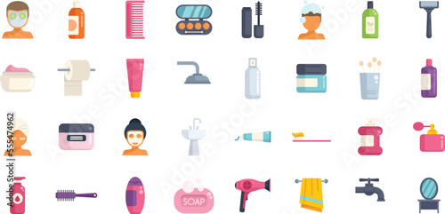 Morning treatments icons set flat vector. Care shave. Face skin isolated