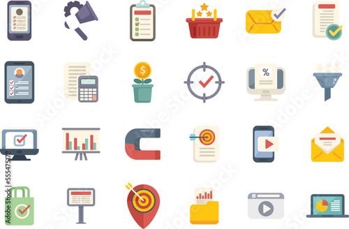 Marketing filled icons set flat vector. Direct sales. Mail cart isolated