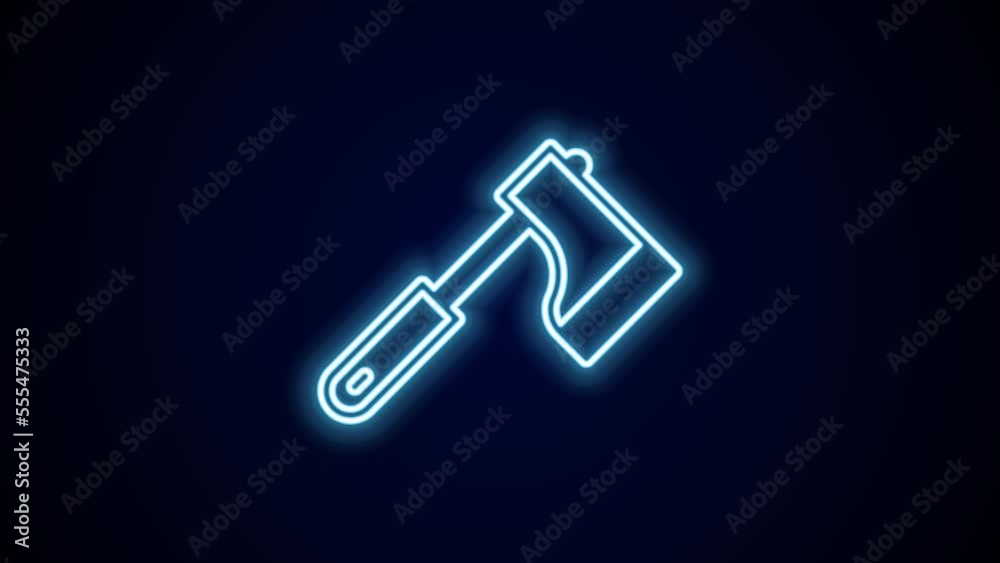 Glowing neon line Wooden axe icon isolated on black background. Lumberjack axe. 4K Video motion graphic animation Glowing neon line Wooden axe icon isolated on black background. Lumberjack axe. 4K Video motion graphic animation