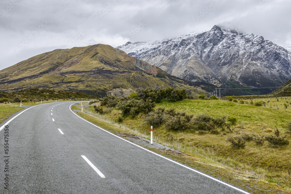 Snowy mountains and Mount Cook Road; South Island, New Zealand Snowy mountains and Mount Cook Road; South Island, New Zealand