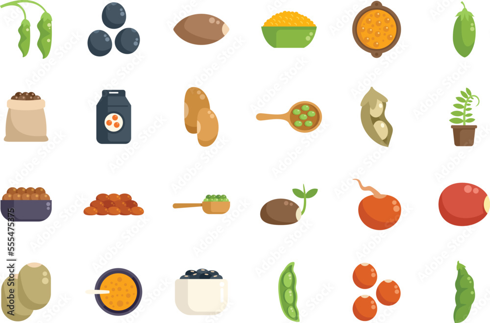 Lentil icons set flat vector. Bean bread. Cereal leaves isolated