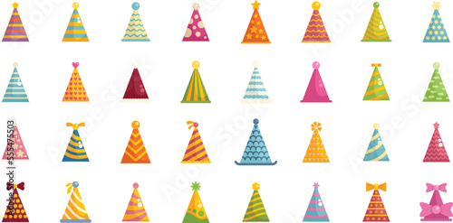 Party hats icons set flat vector. Birthday cap. Celebrate carnival isolated