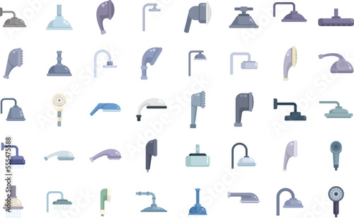 Shower heads icons set flat vector. Water bathroom. Falling hose isolated