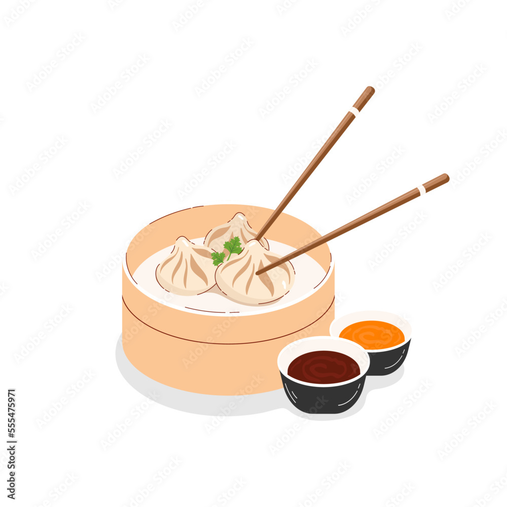 Asian food, Xiao long bao, steamed Chinese buns in a bamboo basket with sauces on white background. Vector illustration Asian food, Xiao long bao, steamed Chinese buns in a bamboo basket with sauces on white background. Vector illustration