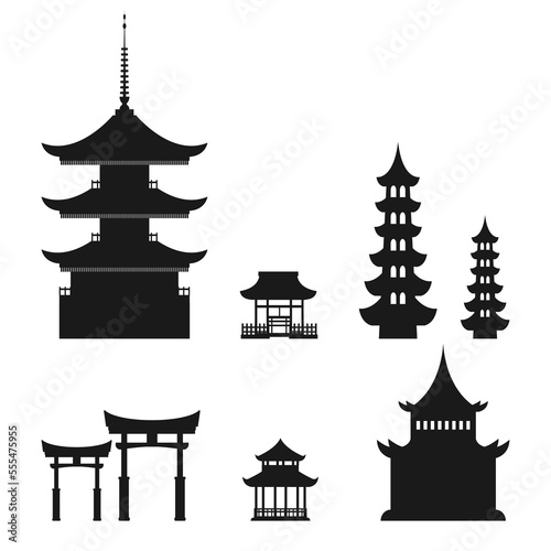 Asian architecture in silhouette on white isolated background. For poster designs, web sites, postcards. Vector