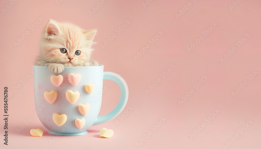 Pastel minimal animal concept of hot drink mug with cute little kitten  coming out of it.
