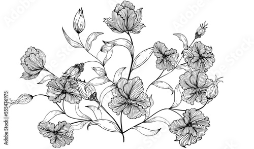 Floral floral background, frame, border, with delicate flowers and branches of buds. Contour hand drawing. Engraving. With space for text