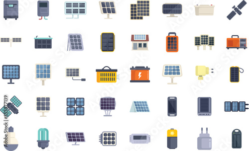Solar panels icons set flat vector. Solar inverter. Energy battery isolated