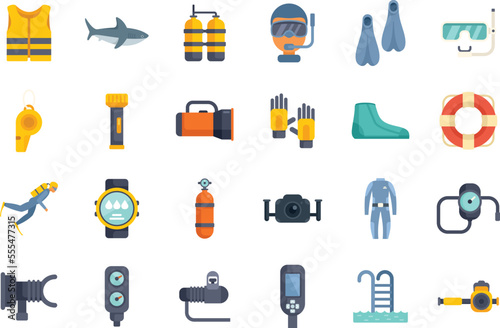 Diving school icons set flat vector. Beach active. Dive exercise isolated