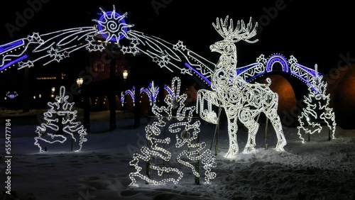 Deer as a symbol of the city of Nizhny Novgorod. New Year. Illumination in the Kremlin.