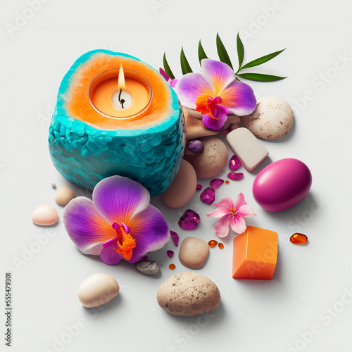 Tropical Zen Spa and Wellness 3D Illustration  Relaxation and Massage  Orange and Turquoise colors  Health and Wellness Center  Generative AI