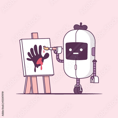 Robot painting on a easel. Artificial inteligence art concept. Vector cartoon illustration