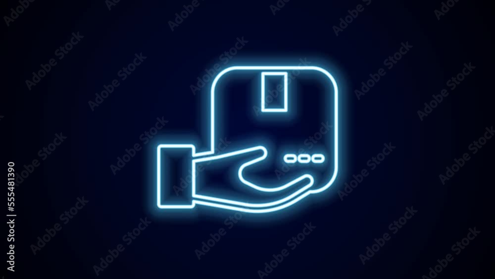 Glowing neon line Delivery hand with cardboard boxes icon isolated on black background. Door to door delivery by courier. 4K Video motion graphic animation Glowing neon line Delivery hand with cardboard boxes icon isolated on black background. Door to door delivery by courier. 4K Video motion graphic animation
