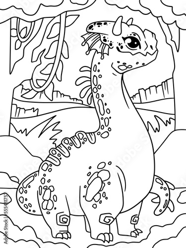 Funny game dragon. Background forest tropics. Children coloring book. Vector.