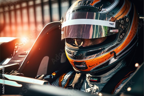  a man in a racing car with a helmet on and a sunbeam in the background behind him and a building. Generative AI