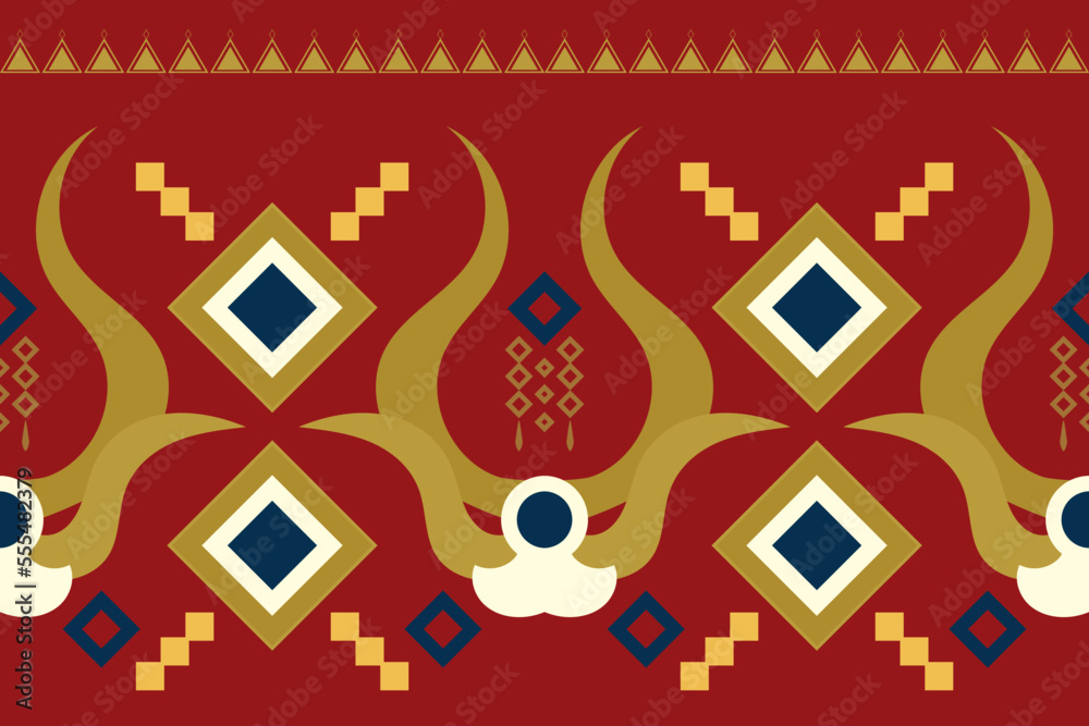 Naklejka premium Ethnic fabric pattern geometric style. Sarong Aztec Ethnic oriental pattern traditional Crimson red background. Abstract,vector,illustration. use for texture,clothing,wrapping,decoration,carpet.