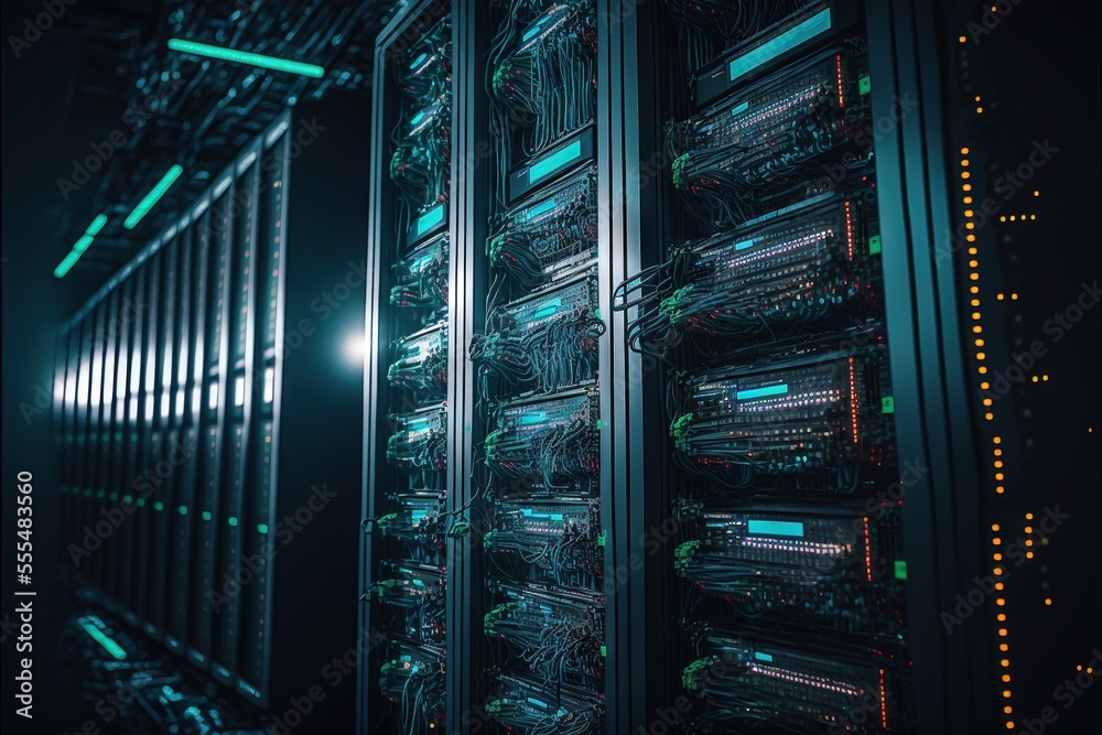 a large server in a dark room with lights on the sides of it and wires ...