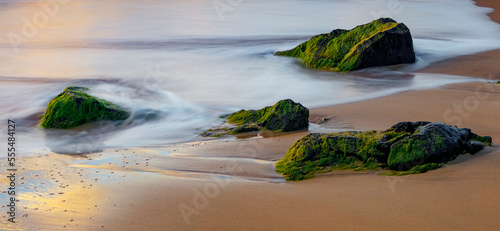 Moss-covered rocks on the beach with the tide gently washing up on the sand; Kauai, Hawaii, United States of America photo