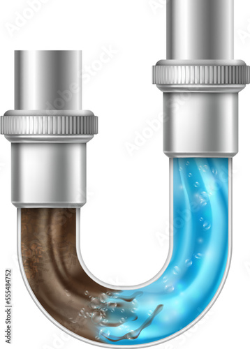 Pipe clogging. Realistic plumbing drain. Dirt block cleaner