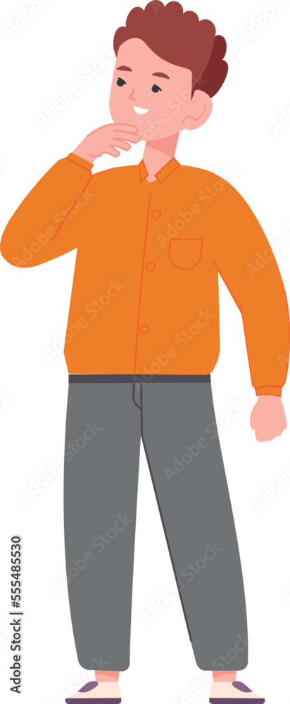 Thinking kid. Happy smiling boy. Standing character Thinking kid. Happy smiling boy. Standing character