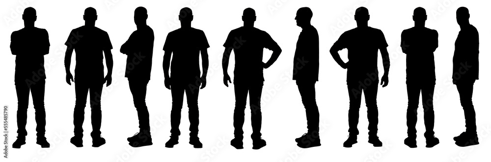 large group of same man vith front,side and back view on white background